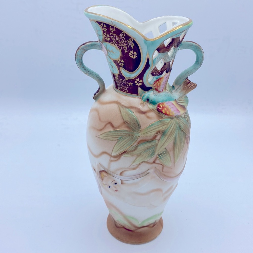 Vintage CAGCO Hand Painted Vase With Cherub And Bird Motif  7” Tall